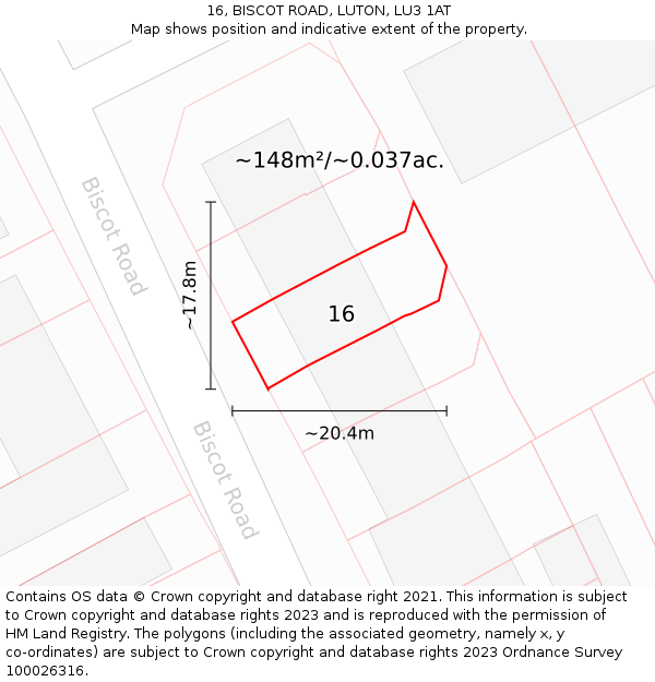16, BISCOT ROAD, LUTON, LU3 1AT: Plot and title map