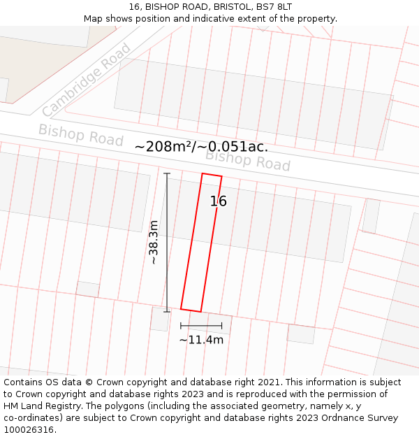 16, BISHOP ROAD, BRISTOL, BS7 8LT: Plot and title map