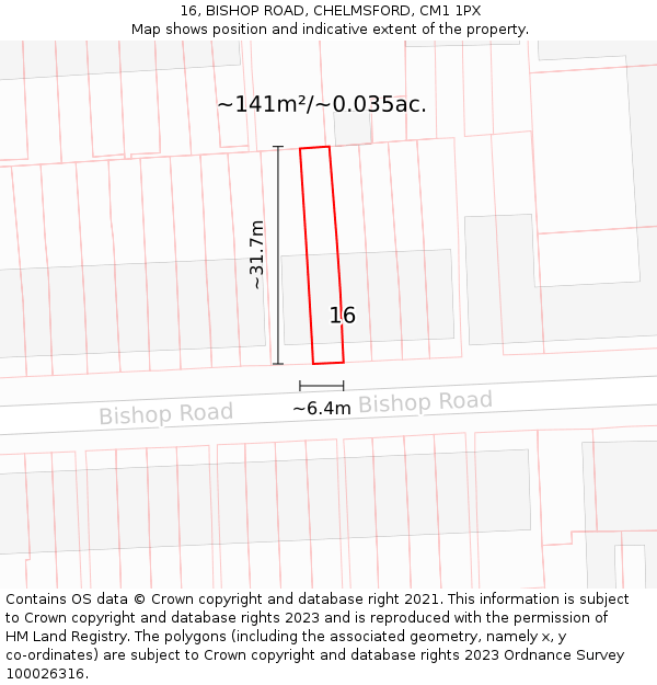 16, BISHOP ROAD, CHELMSFORD, CM1 1PX: Plot and title map