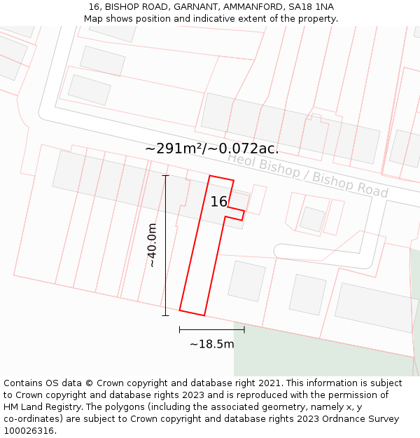 16, BISHOP ROAD, GARNANT, AMMANFORD, SA18 1NA: Plot and title map