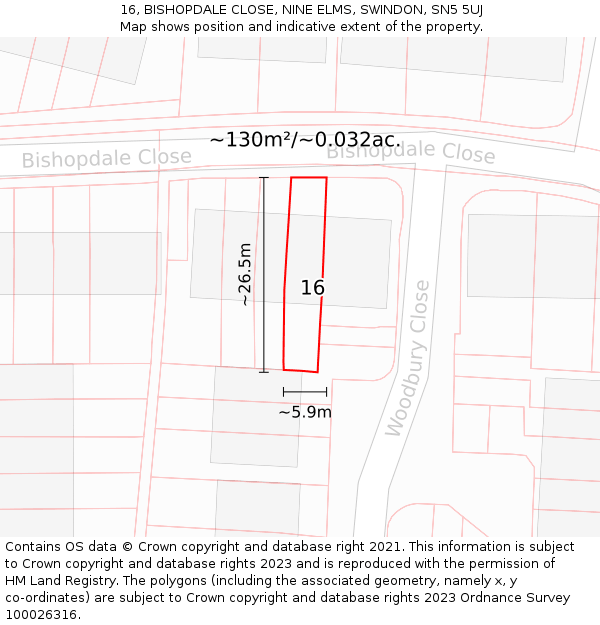 16, BISHOPDALE CLOSE, NINE ELMS, SWINDON, SN5 5UJ: Plot and title map