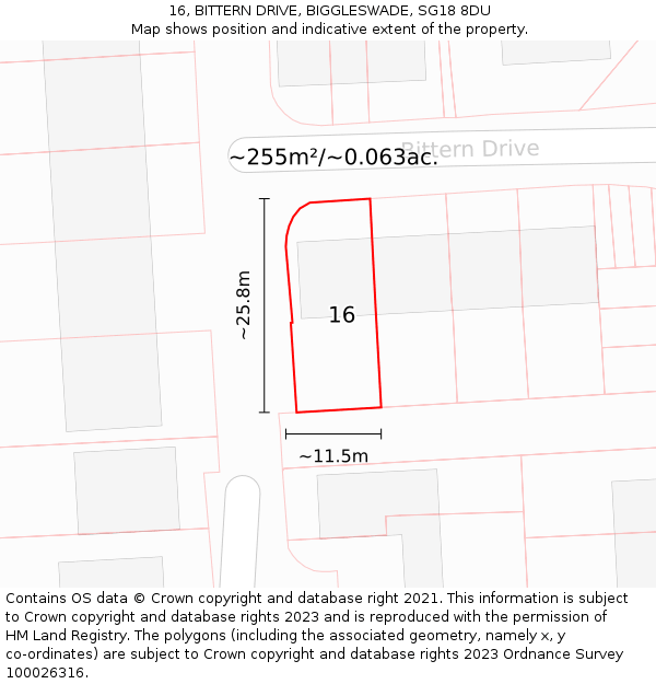 16, BITTERN DRIVE, BIGGLESWADE, SG18 8DU: Plot and title map