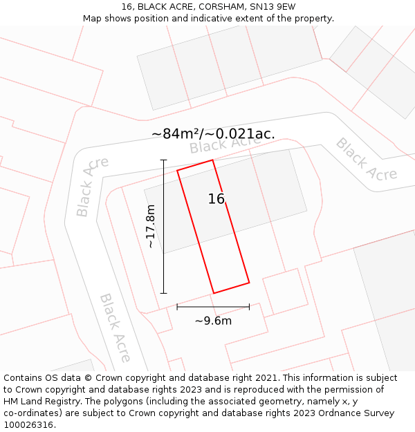 16, BLACK ACRE, CORSHAM, SN13 9EW: Plot and title map