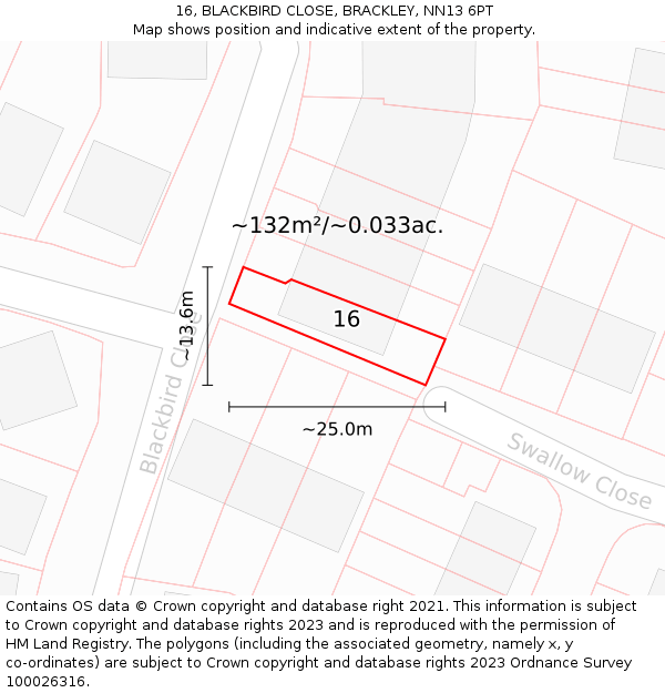 16, BLACKBIRD CLOSE, BRACKLEY, NN13 6PT: Plot and title map