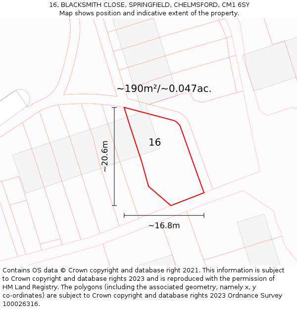 16, BLACKSMITH CLOSE, SPRINGFIELD, CHELMSFORD, CM1 6SY: Plot and title map