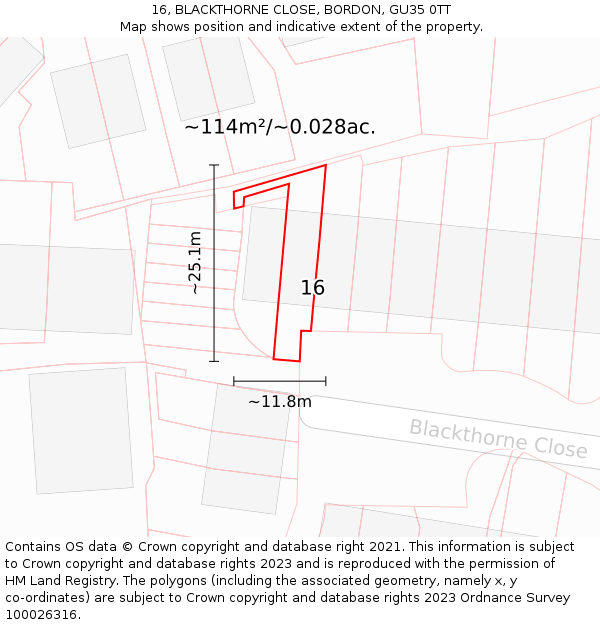 16, BLACKTHORNE CLOSE, BORDON, GU35 0TT: Plot and title map
