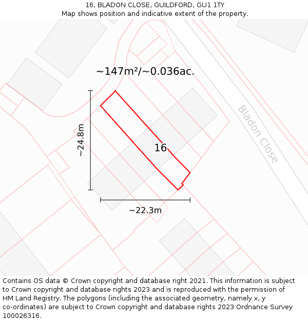 16, BLADON CLOSE, GUILDFORD, GU1 1TY: Plot and title map