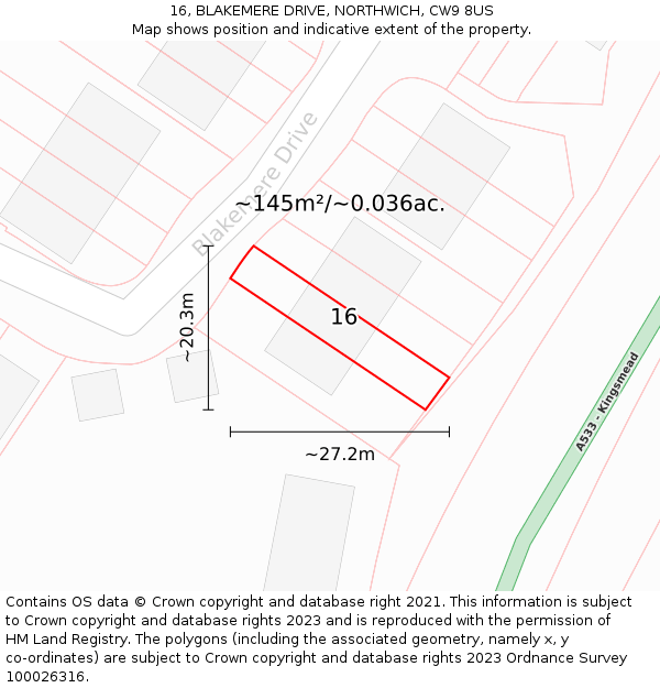 16, BLAKEMERE DRIVE, NORTHWICH, CW9 8US: Plot and title map