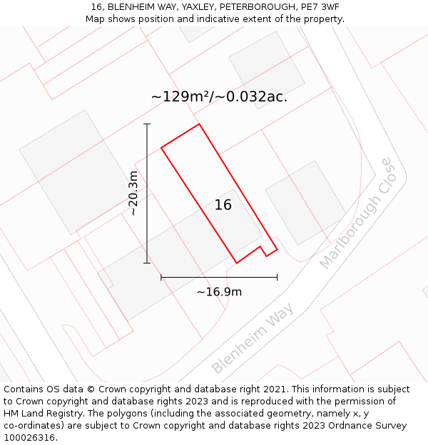 16, BLENHEIM WAY, YAXLEY, PETERBOROUGH, PE7 3WF: Plot and title map