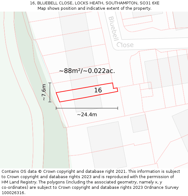 16, BLUEBELL CLOSE, LOCKS HEATH, SOUTHAMPTON, SO31 6XE: Plot and title map