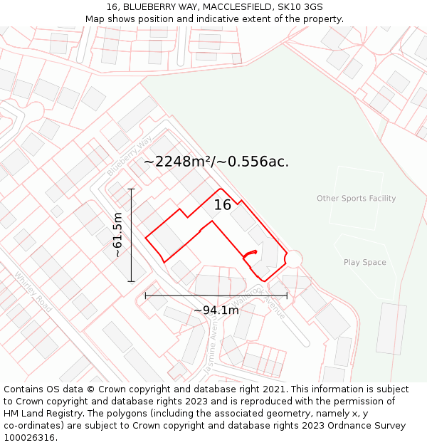 16, BLUEBERRY WAY, MACCLESFIELD, SK10 3GS: Plot and title map