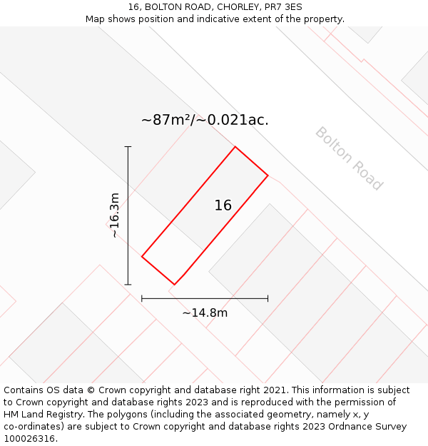 16, BOLTON ROAD, CHORLEY, PR7 3ES: Plot and title map
