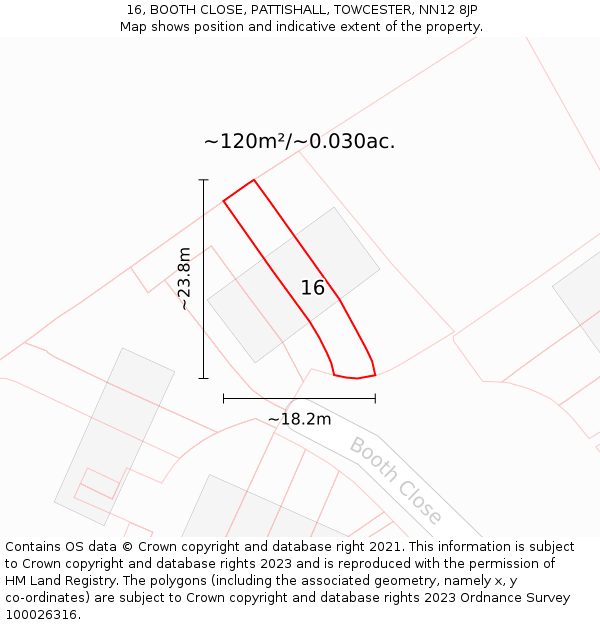 16, BOOTH CLOSE, PATTISHALL, TOWCESTER, NN12 8JP: Plot and title map