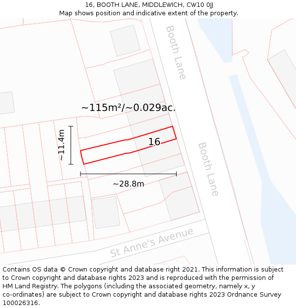 16, BOOTH LANE, MIDDLEWICH, CW10 0JJ: Plot and title map