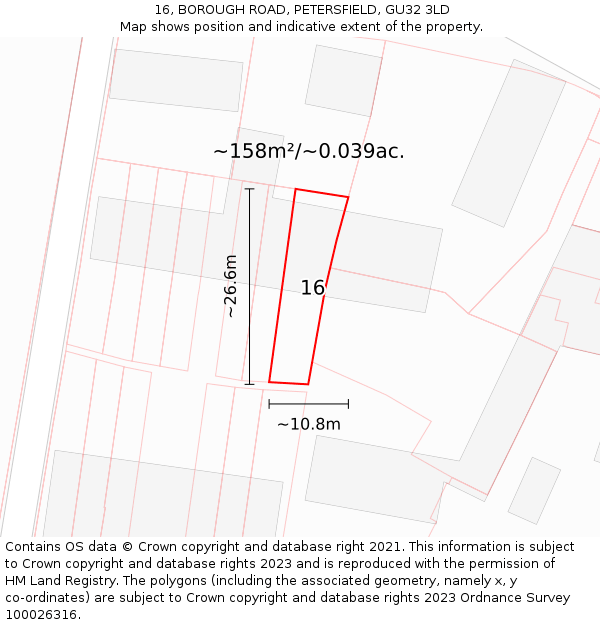 16, BOROUGH ROAD, PETERSFIELD, GU32 3LD: Plot and title map