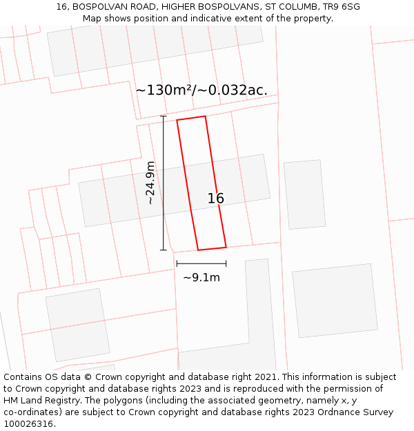 16, BOSPOLVAN ROAD, HIGHER BOSPOLVANS, ST COLUMB, TR9 6SG: Plot and title map