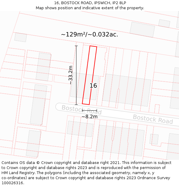 16, BOSTOCK ROAD, IPSWICH, IP2 8LP: Plot and title map