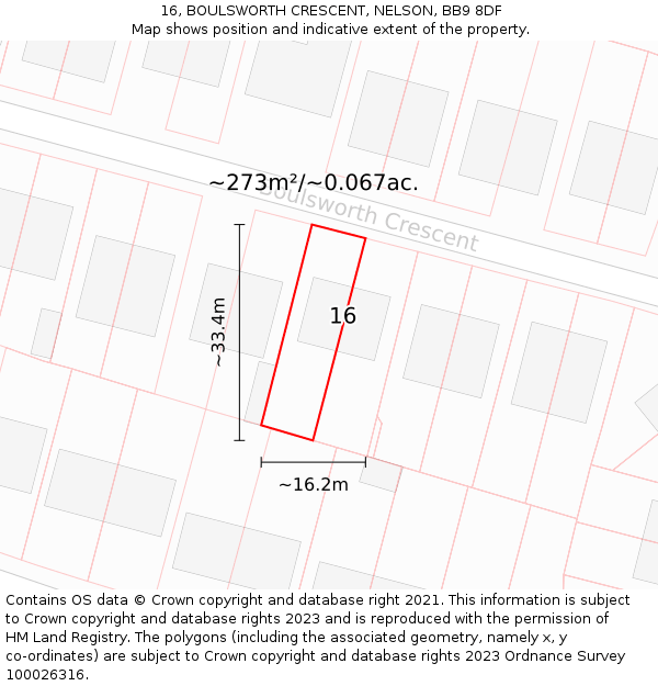 16, BOULSWORTH CRESCENT, NELSON, BB9 8DF: Plot and title map
