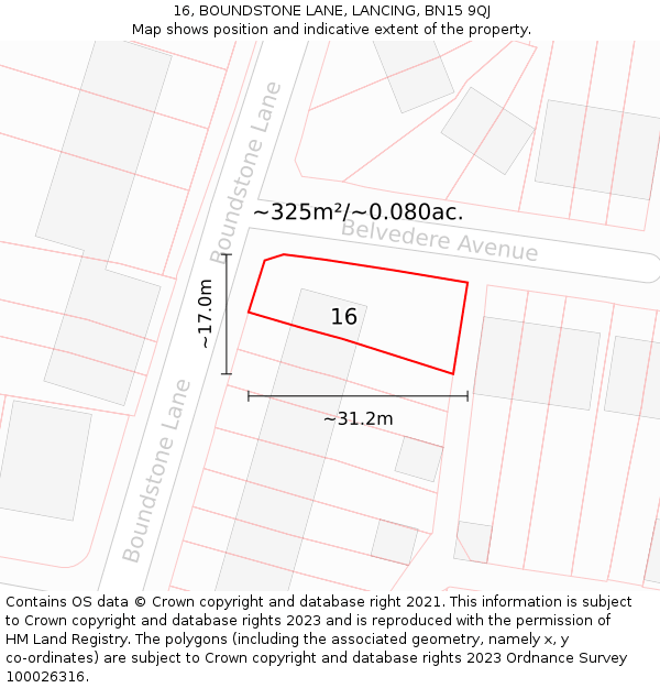 16, BOUNDSTONE LANE, LANCING, BN15 9QJ: Plot and title map