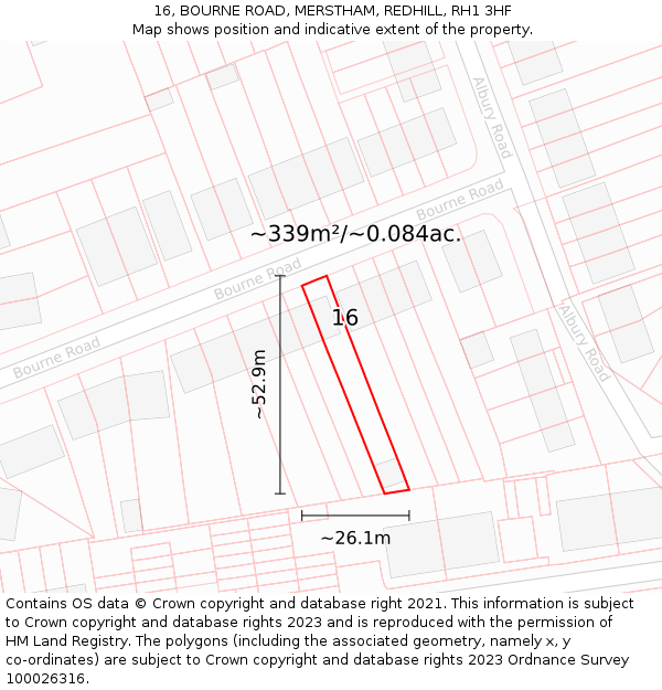 16, BOURNE ROAD, MERSTHAM, REDHILL, RH1 3HF: Plot and title map