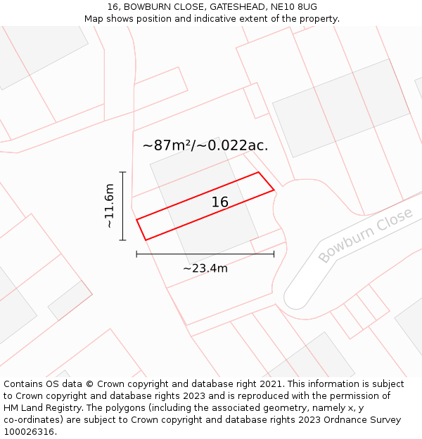 16, BOWBURN CLOSE, GATESHEAD, NE10 8UG: Plot and title map