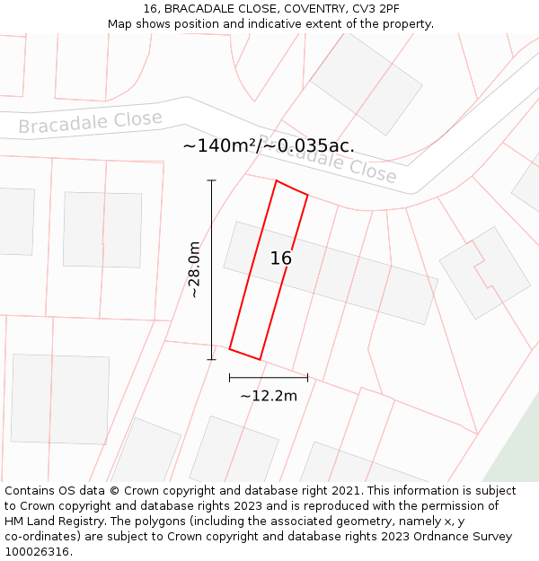 16, BRACADALE CLOSE, COVENTRY, CV3 2PF: Plot and title map