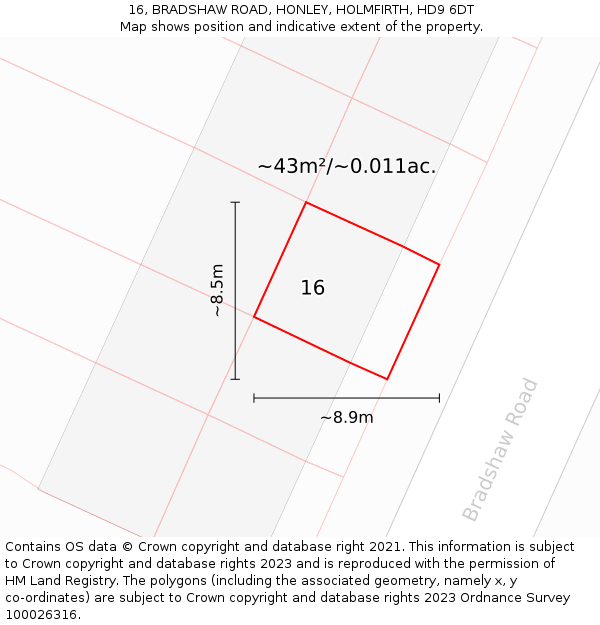16, BRADSHAW ROAD, HONLEY, HOLMFIRTH, HD9 6DT: Plot and title map