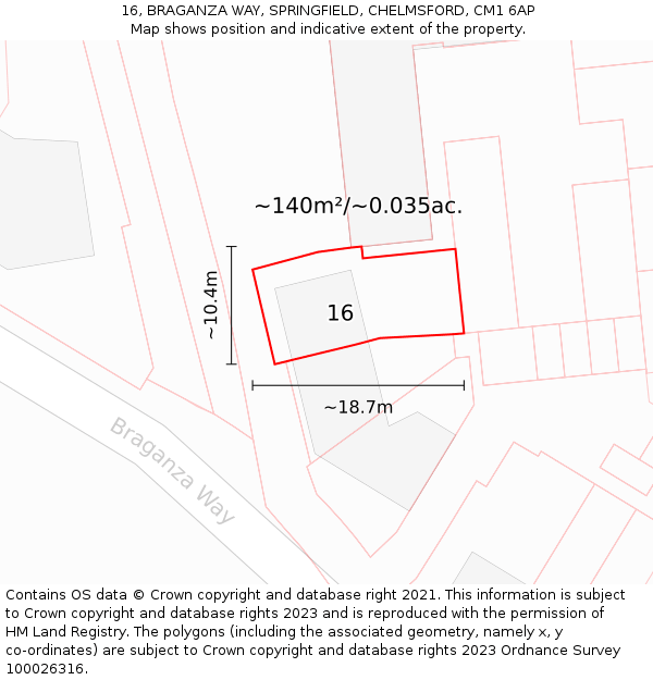 16, BRAGANZA WAY, SPRINGFIELD, CHELMSFORD, CM1 6AP: Plot and title map