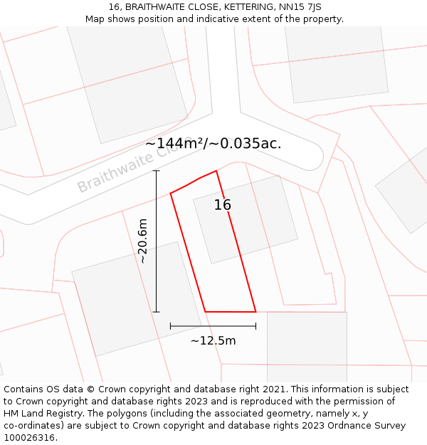 16, BRAITHWAITE CLOSE, KETTERING, NN15 7JS: Plot and title map