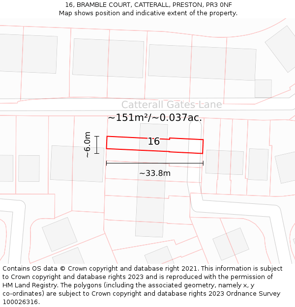 16, BRAMBLE COURT, CATTERALL, PRESTON, PR3 0NF: Plot and title map