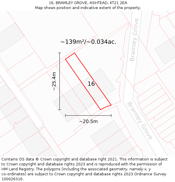 16, BRAMLEY GROVE, ASHTEAD, KT21 2EA: Plot and title map