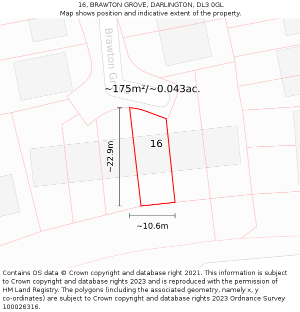 16, BRAWTON GROVE, DARLINGTON, DL3 0GL: Plot and title map