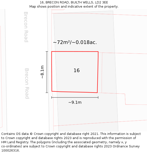 16, BRECON ROAD, BUILTH WELLS, LD2 3EE: Plot and title map