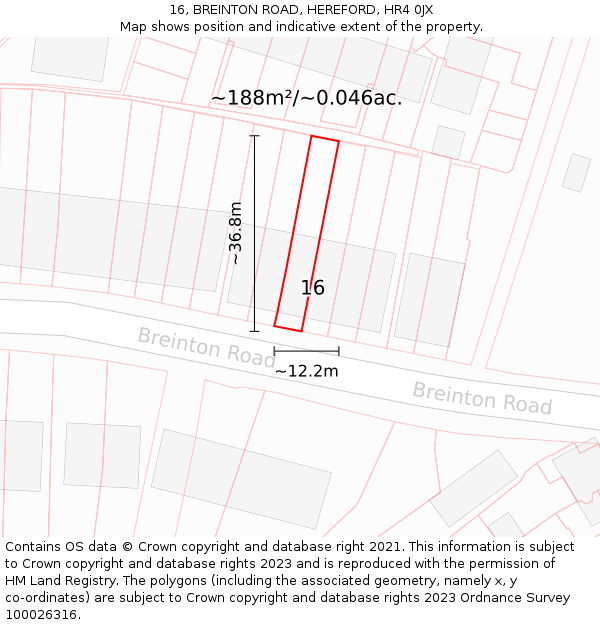 16, BREINTON ROAD, HEREFORD, HR4 0JX: Plot and title map