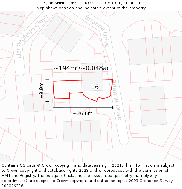 16, BRIANNE DRIVE, THORNHILL, CARDIFF, CF14 9HE: Plot and title map