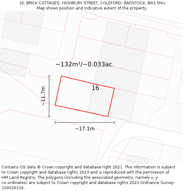 16, BRICK COTTAGES, HIGHBURY STREET, COLEFORD, RADSTOCK, BA3 5NU: Plot and title map