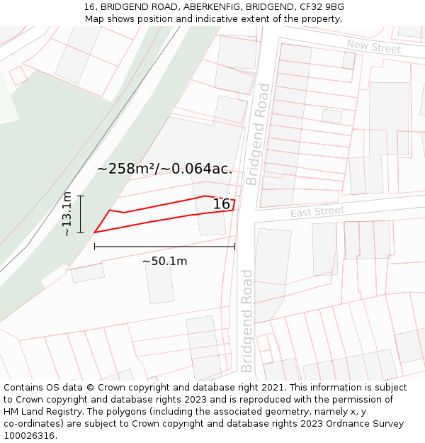 16, BRIDGEND ROAD, ABERKENFIG, BRIDGEND, CF32 9BG: Plot and title map