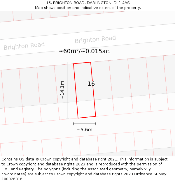 16, BRIGHTON ROAD, DARLINGTON, DL1 4AS: Plot and title map