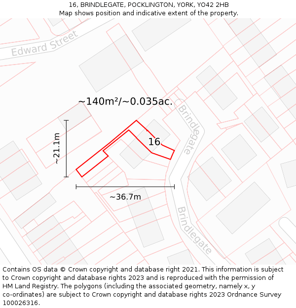 16, BRINDLEGATE, POCKLINGTON, YORK, YO42 2HB: Plot and title map