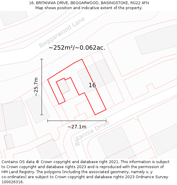 16, BRITANNIA DRIVE, BEGGARWOOD, BASINGSTOKE, RG22 4FN: Plot and title map