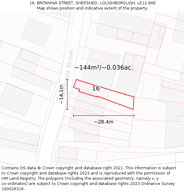16, BRITANNIA STREET, SHEPSHED, LOUGHBOROUGH, LE12 9AE: Plot and title map
