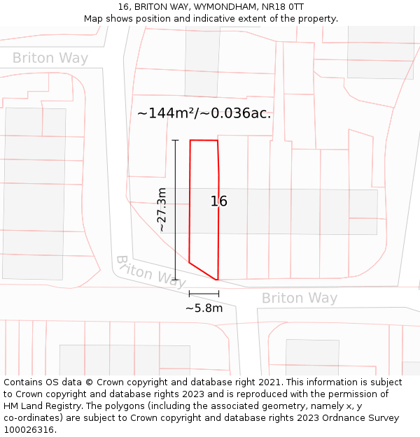 16, BRITON WAY, WYMONDHAM, NR18 0TT: Plot and title map