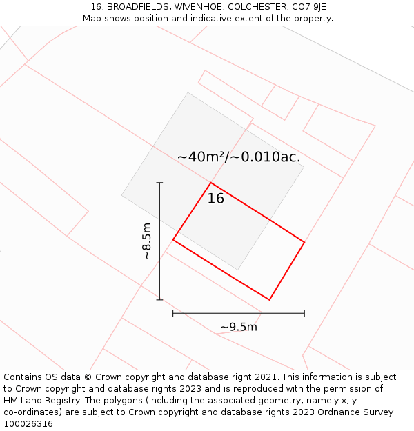 16, BROADFIELDS, WIVENHOE, COLCHESTER, CO7 9JE: Plot and title map