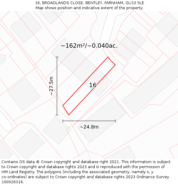 16, BROADLANDS CLOSE, BENTLEY, FARNHAM, GU10 5LE: Plot and title map