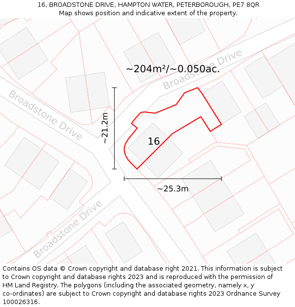 16, BROADSTONE DRIVE, HAMPTON WATER, PETERBOROUGH, PE7 8QR: Plot and title map