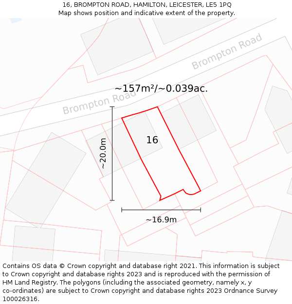 16, BROMPTON ROAD, HAMILTON, LEICESTER, LE5 1PQ: Plot and title map