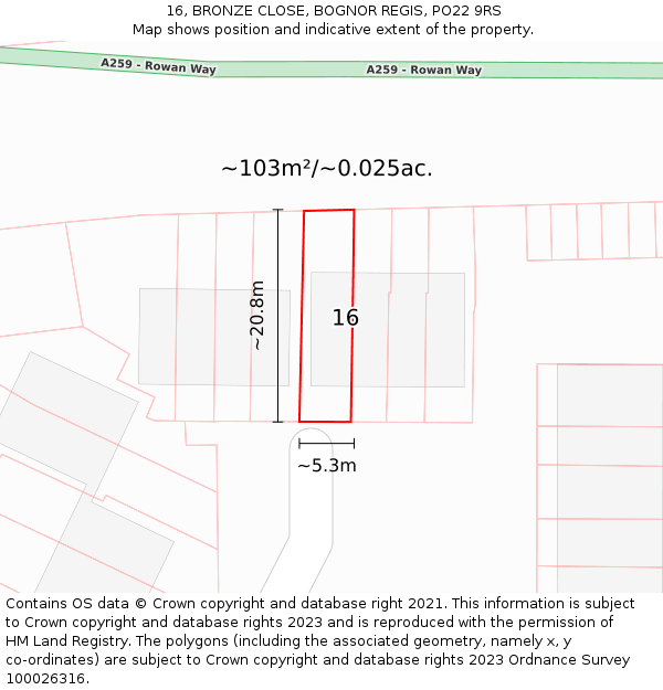 16, BRONZE CLOSE, BOGNOR REGIS, PO22 9RS: Plot and title map