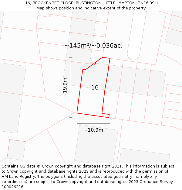 16, BROOKENBEE CLOSE, RUSTINGTON, LITTLEHAMPTON, BN16 3SH: Plot and title map
