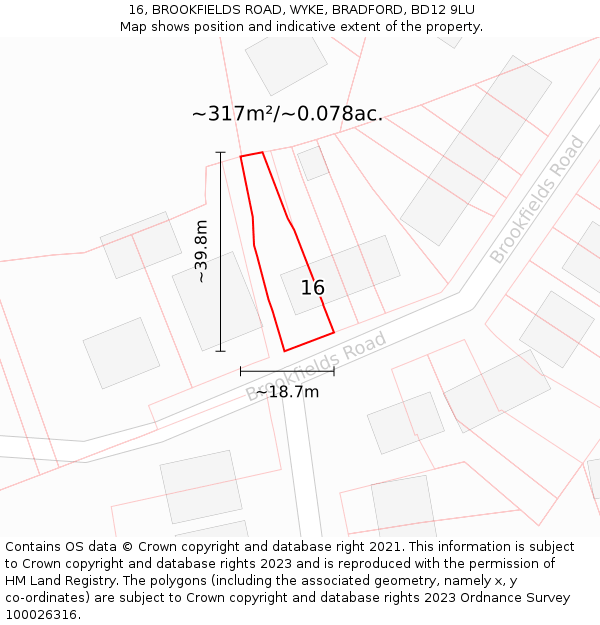 16, BROOKFIELDS ROAD, WYKE, BRADFORD, BD12 9LU: Plot and title map