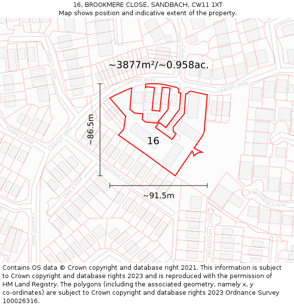 16, BROOKMERE CLOSE, SANDBACH, CW11 1XT: Plot and title map